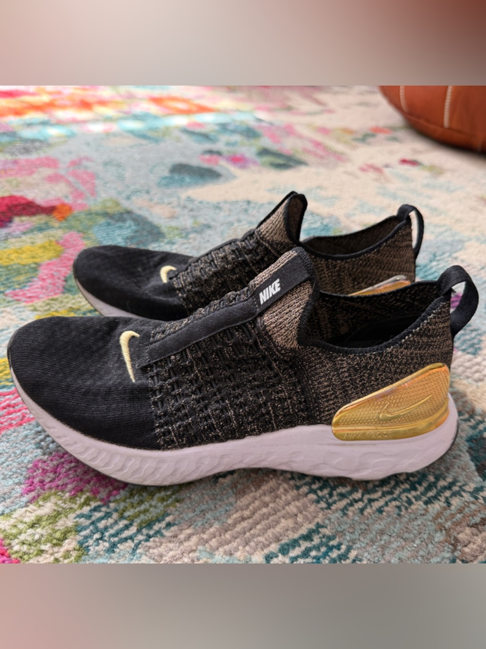 Nike Women's Black and Gold Slip-On Flyknit Phantom Sneakers